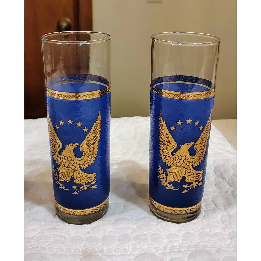 Vintage Set 6 Federal Glass Patriotic Tom Collins Glasses Red White Blue Gold